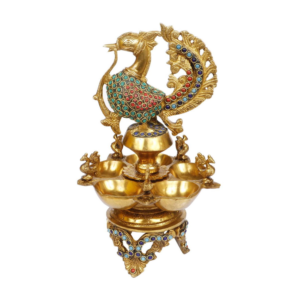 Artvarko Peacock Diya Table Oil Lamp Brass with Inlay Traditional Handmade Lamp for Temples Puja Festival Gifts & Home Décor Height: 12 Inch