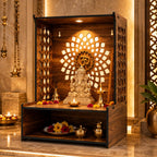 FA6 Wooden Home Temple for Pooja Room 5 MM MDF Mandir for Home with Laser Cut Design, Om Wall Panel & Storage Shelf Compact Pooja Mandir 15.5 x 11.5 x 9.5 Inch