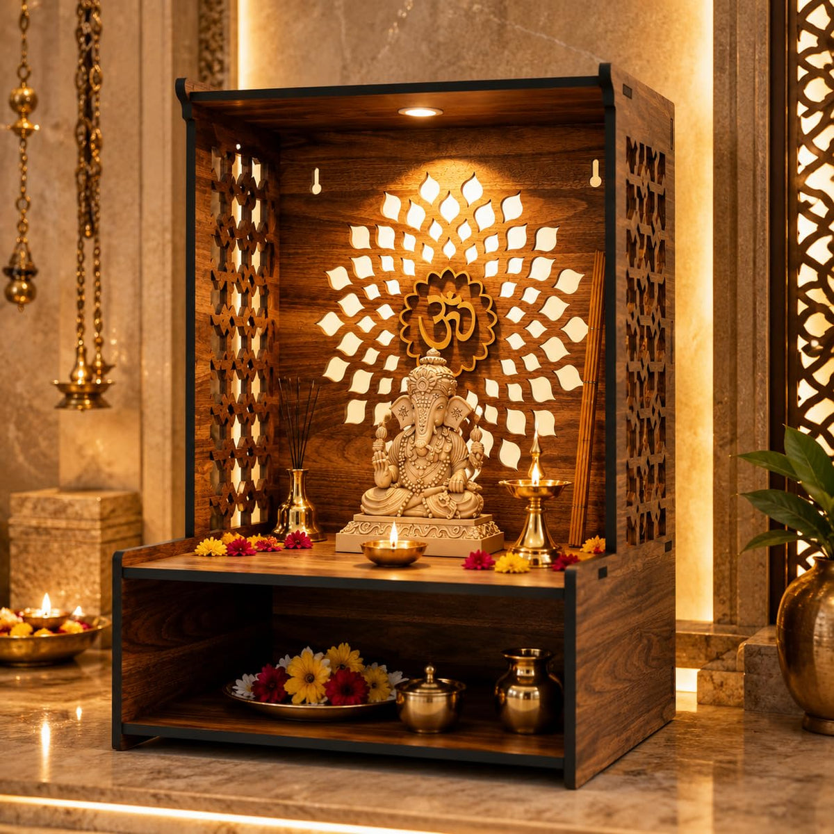 FA6 Wooden Home Temple for Pooja Room 5 MM MDF Mandir for Home with Laser Cut Design, Om Wall Panel & Storage Shelf Compact Pooja Mandir 15.5 x 11.5 x 9.5 Inch