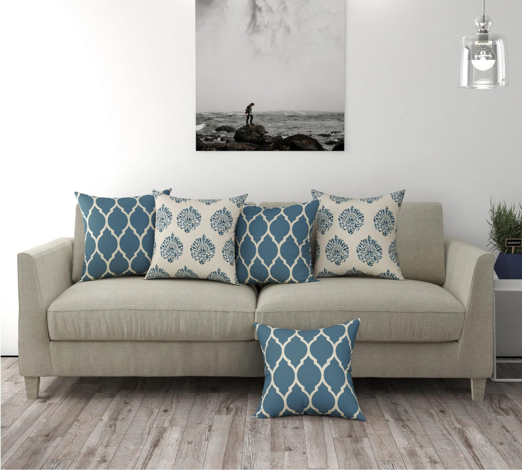Trance Home Linen Set of 5 Premium100% Cotton 16X16 Inch Cushion Covers Only for Sofa and Diwan|Throw Pillow/Small Cushion Pillow Covers Only (16X16 Inch|40Cmx40Cm,Dori&Damask Blue) Set of 5,180 TC