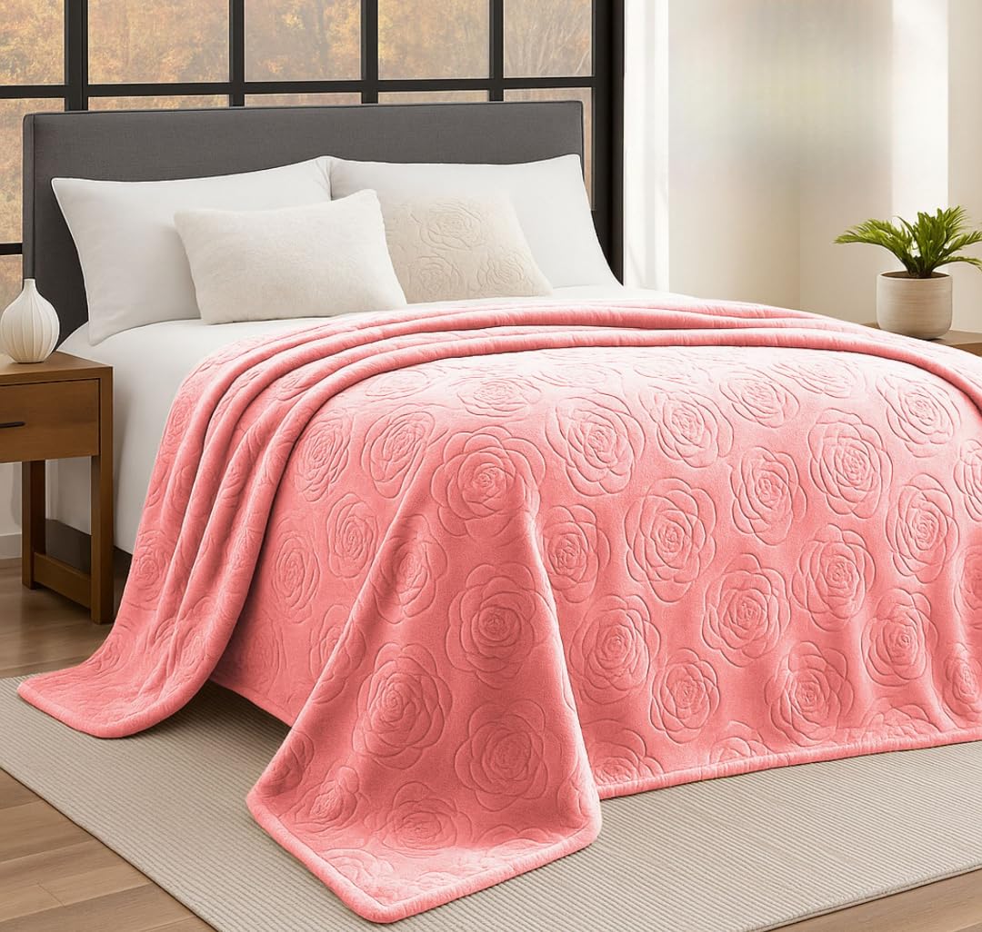BSB HOME Rose Embossed Pattern Mink Blanket for Double Bed 400 GSM | Ultrasoft & Lightweight Solid Embroidery for Heavy Winter & Mild-Winter Couch | Travel (Color - Baby Pink, Weight - 2500 Grams) Kafalo