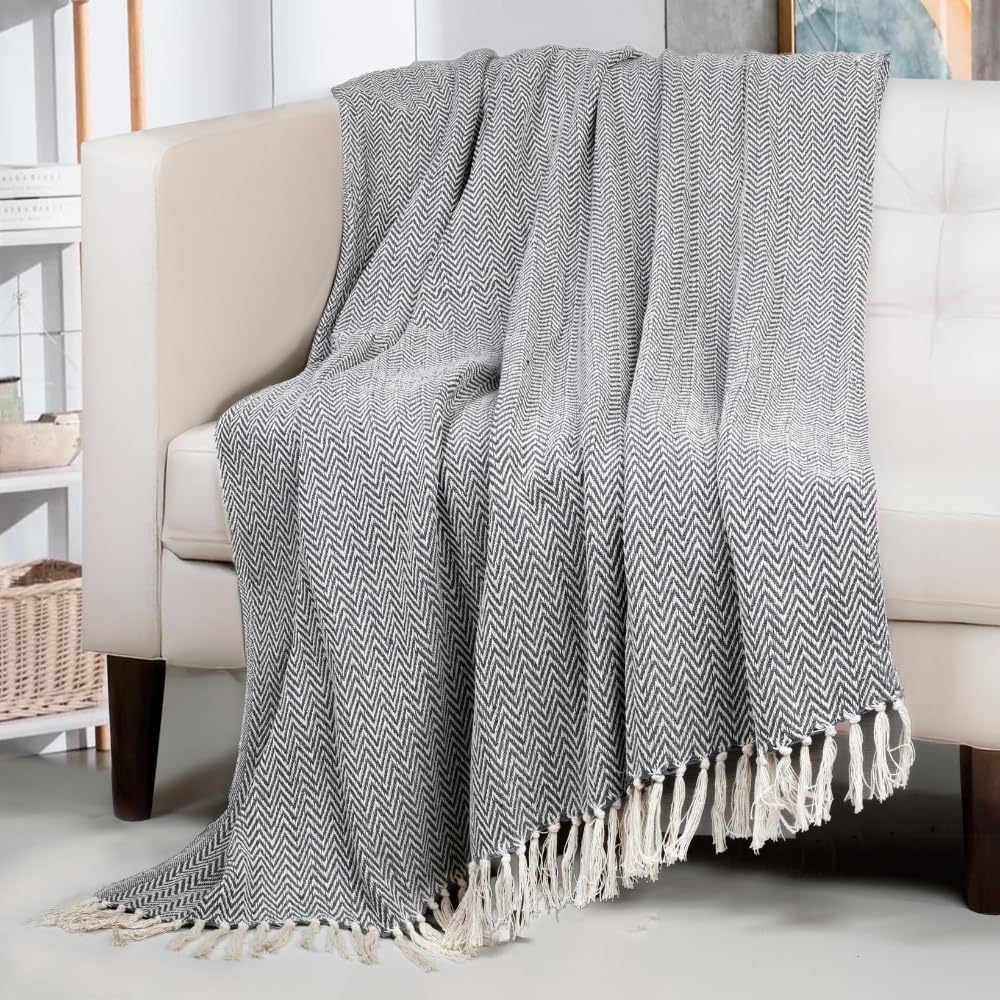 HOMADORN All Season Cotton Weaved Throw Blanket for Bed/Sofa 50x70 INCHES (Grey) Kafalo