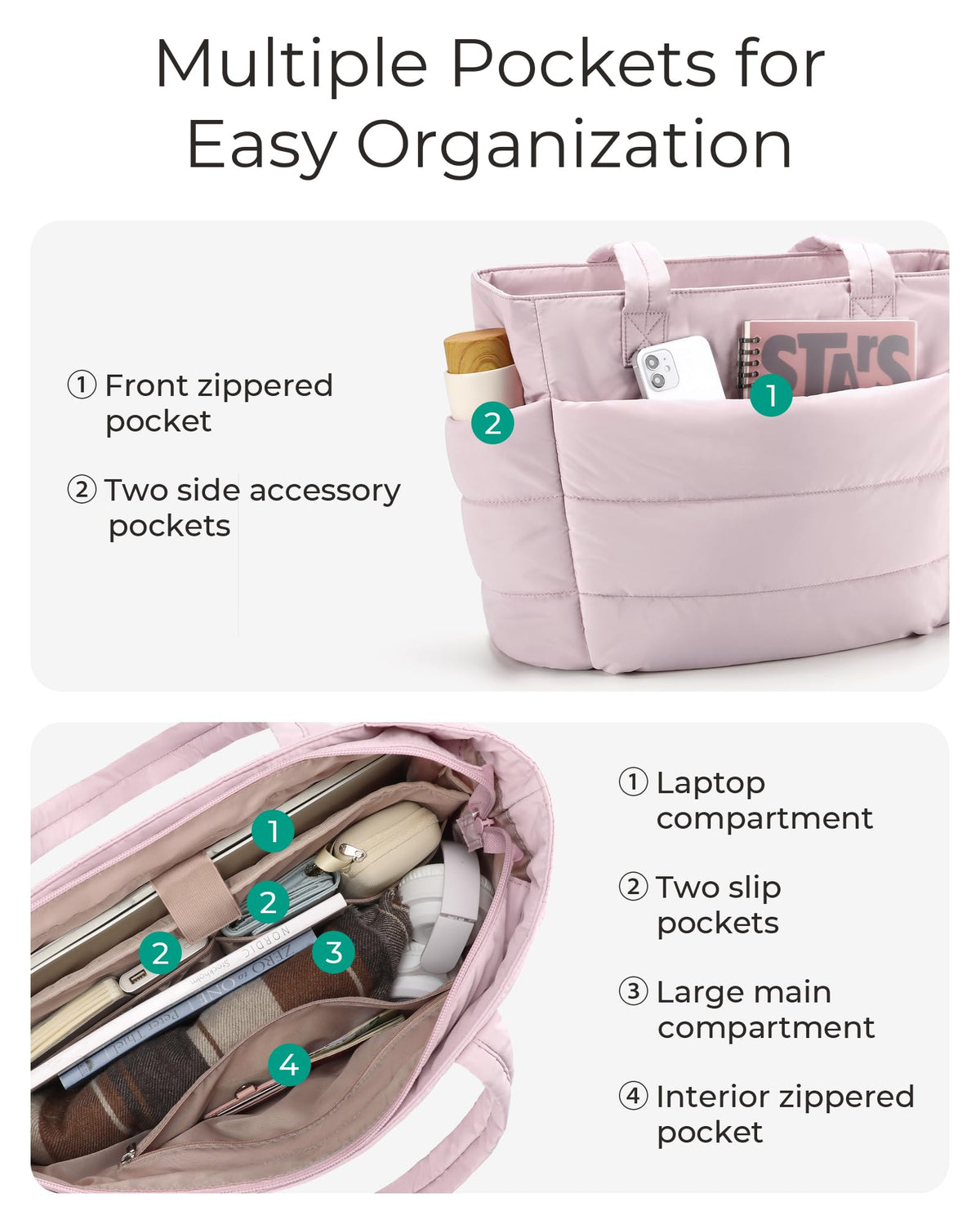 BAGSMART Tote Bag for Women, Lightweight Puffy Tote Bag with Compartments Shoulder Bag Handbag for Travel, Work, Gym, Pink, Standard, Puffy