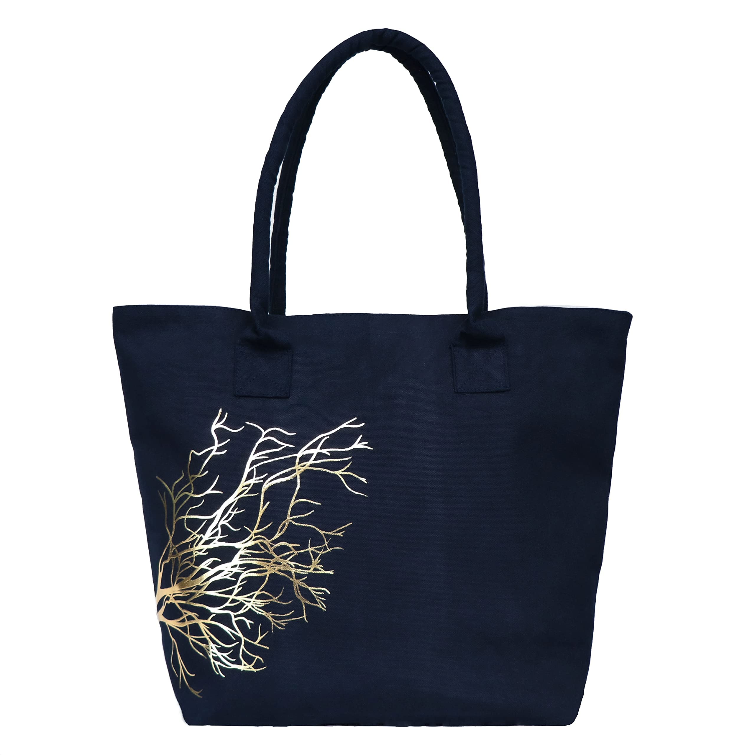 Earthsave Canvas Tote Bag With Zip - Women's Office & College Bag, Printed Travel Bag - Navy Blue - Vegan