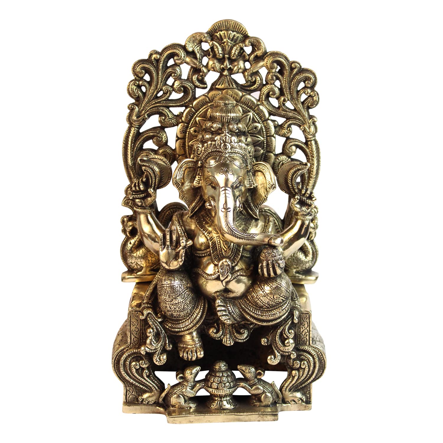ARTVARKO Pure Brass Lord Ganesha Bhagwan Idol Mangalkari Ganesh Statue Sitting on Kritimukha Singhasana for Home Office Decor Gift13 Inches