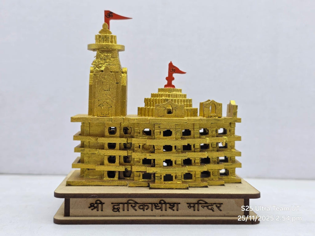 Wooden Dwarikadeesh Temple Miniature Model, Golden Finish, Decorative Religious Showpiece with Red Flags
