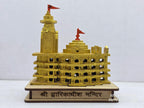 Wooden Dwarikadeesh Temple Miniature Model, Golden Finish, Decorative Religious Showpiece with Red Flags