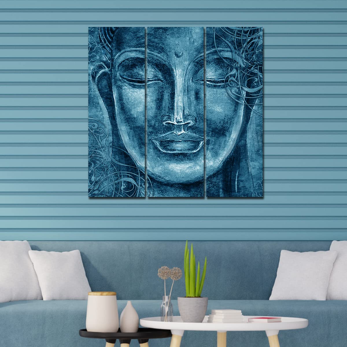 VIBECRAFTS 3 Pieces Buddha Face Canvas Wall Painting Fitted With Wooden Frame For Home | Office | Living Room | Gifts (PTVC3Pcs1_9600)