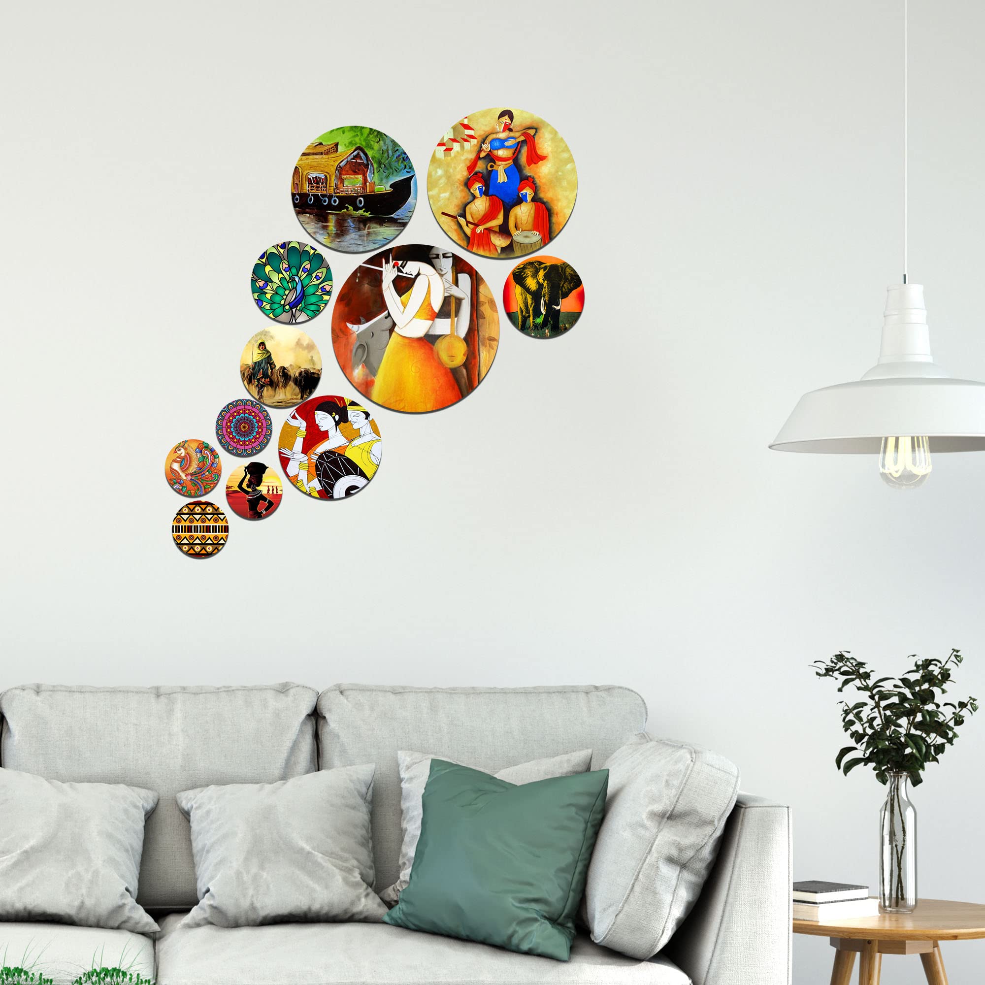 Artvibes Traditional Indian Ethnic Folk Art Round Shape MDF Wooden Wall Decor Items | Room Wall Art | Modern Decor Artwork | Living Room | Cafe | Wall Art Print | Unique Gift (WPS_121N), Set of 11