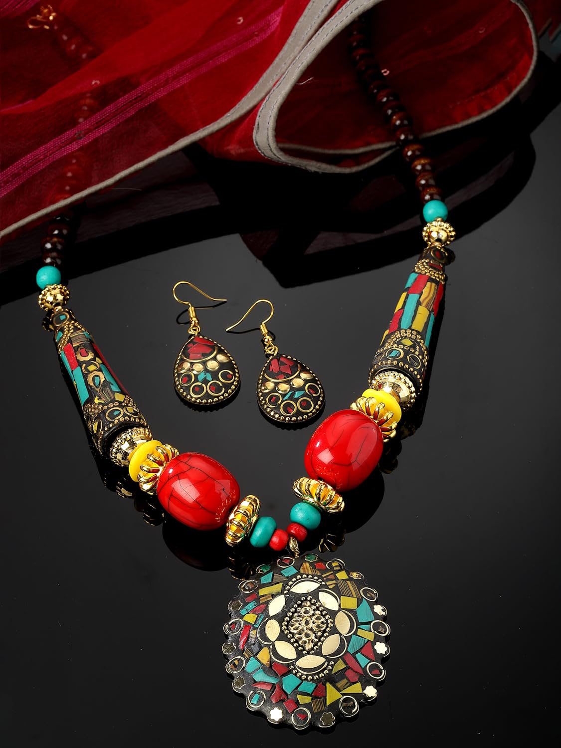 Shining Diva Fashion Latest Stylish Traditional Tibetan Pendant Necklace Oxidised Jewellery Set for Women (15542s)