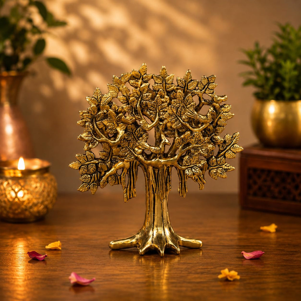 Metal Kalpavriksha Tree for Home Decor - Golden Wish Fulfilling Tree Metal Showpiece for Temple, Vastu, Office Table & Gifting Banyan (No 2 Golden)