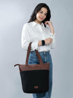 ZOUK Jet Black Solid Printed Women's Jute Handcrafted Vegan Leather Black Everyday Tote