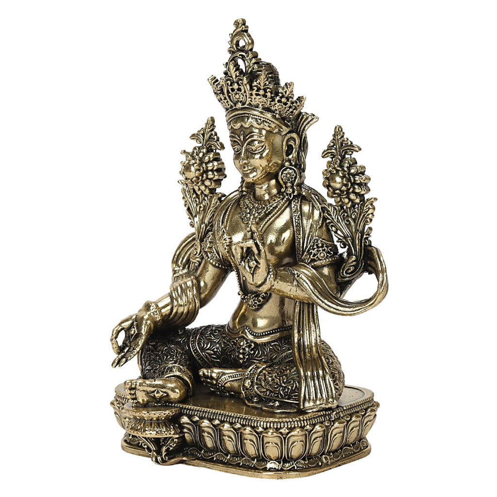 ARTVARKO Brass Tara Devi Statue Tibetan Goddess Religious Green Tara Statue for Health Happiness Wealth Idol Home Decor Sculpture 4.5 Inches