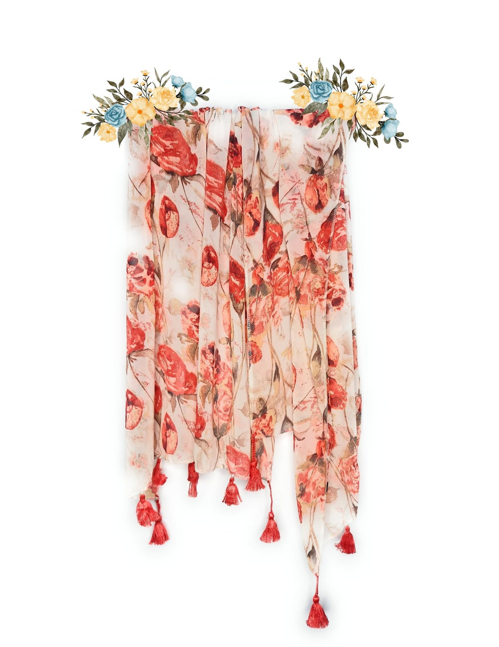 Chandwasia Fashion Floral Printed Scarf | Neck Shoulder Head Wrap Styling Dupatta Use | Polyester Chiffon Fabric Tassel Border Lightweight Soft Texture Pattern Women - Peach