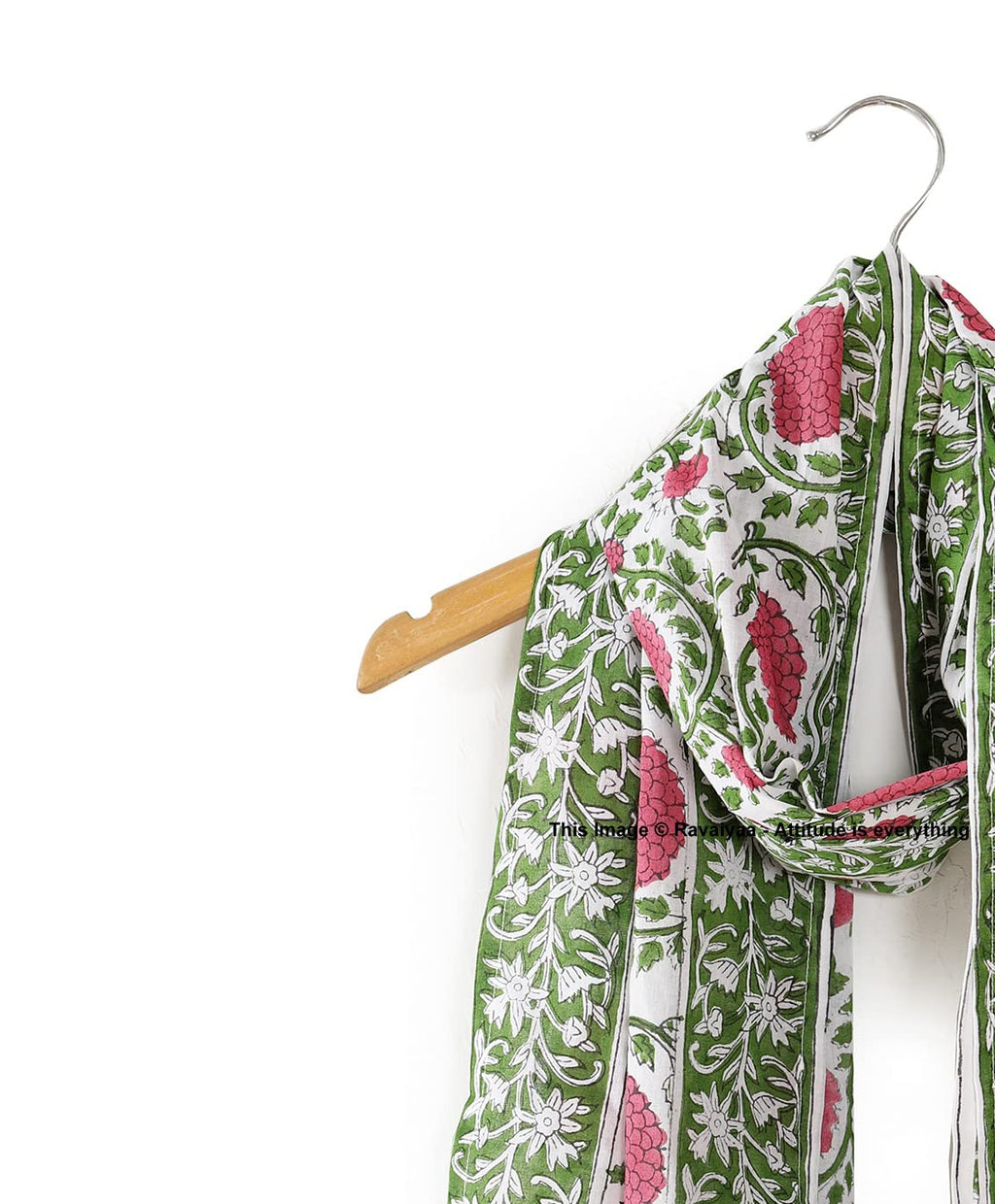 Ravaiyaa - Attitude is everything Hand Block Printed Cotton Long Stole Scarves Hijab Neck Wrap Scarf 71 X 21 Inch (Green Pink Floral)