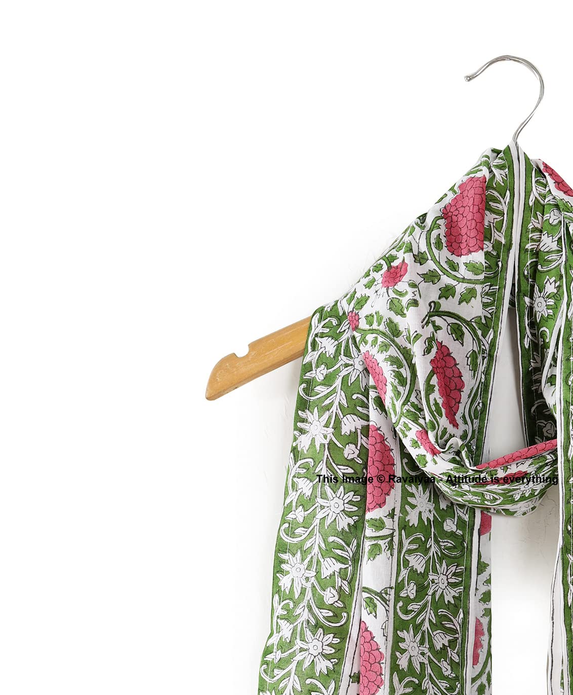 Ravaiyaa - Attitude is everything Hand Block Printed Cotton Long Stole Scarves Hijab Neck Wrap Scarf 71 X 21 Inch (Green Pink Floral)