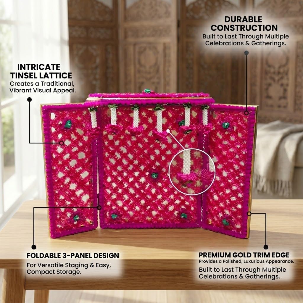 Pink Phool Bangla Decoration Solid Wood Home Temple for Laddu Gopal & Ganesh Ji 30x42 cm Decorative Mandir Backdrop