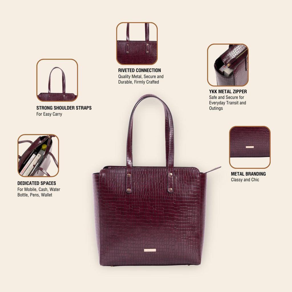 The Gusto Beyond+ Croco - Premium Vegan Leather Tote Bag for Women, Big Size, Wine | Stylish Handbag for women with Zip Closure | Fit for Office Bag, College, Travel Use | Handcrafted in India