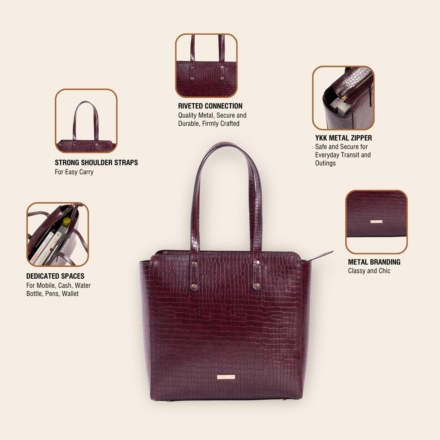 The Gusto Beyond+ Croco - Premium Vegan Leather Tote Bag for Women, Big Size, Wine | Stylish Handbag for women with Zip Closure | Fit for Office Bag, College, Travel Use | Handcrafted in India