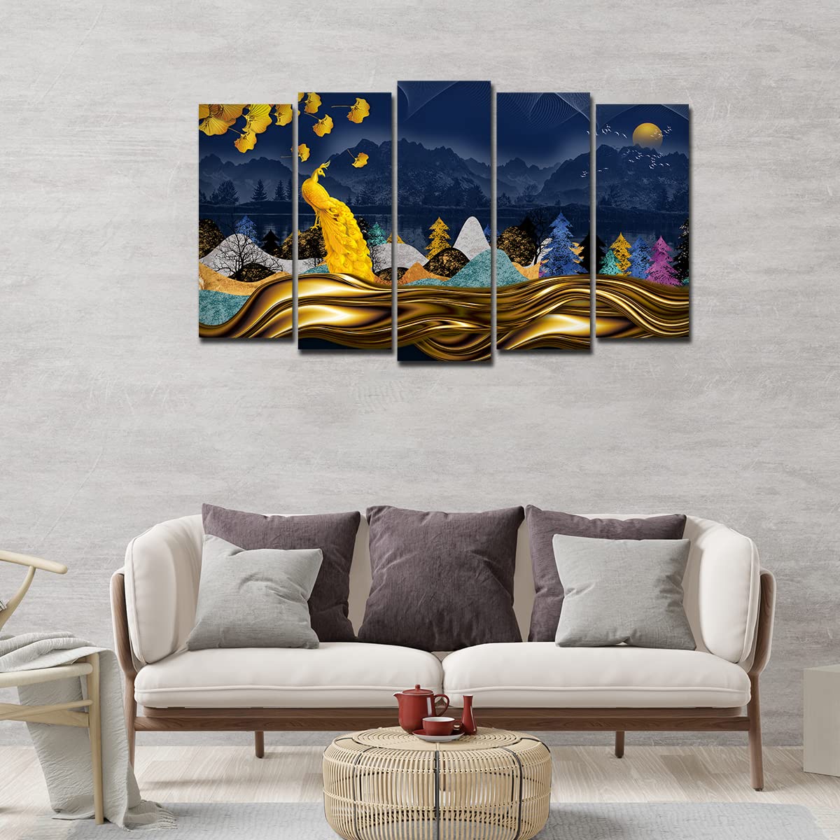 VIBECRAFTS Golden Peacock In Dark Forest 5 Pieces Canvas Wall Painting For Home|Office|Living Room|Gift (PTVC5Pcs2_6513)