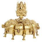 SVARUP Brass Nine Compartment Box Chopda Multiple Box for Vermillion Haldi Chandan Kumkum Sindoor with Ganesh Ganpati Murti Idol 6 Inch