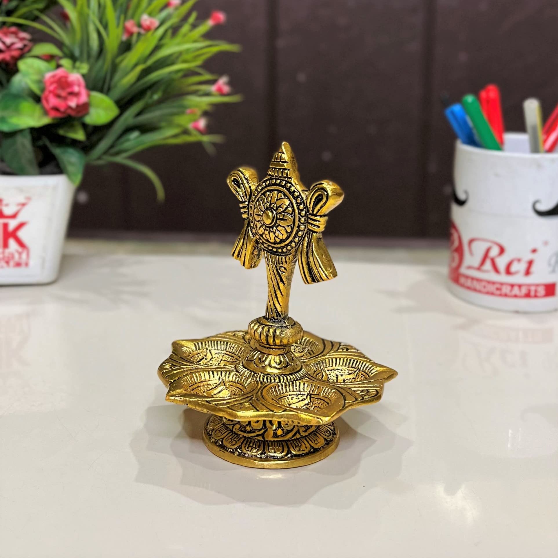 Kridaykraft Metal Tirupati Balaji Panch Mukhi Diya with Chakar Stand Gold Plated for Home and Office Pooja Room Decoration 5 batti Diya