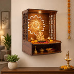 SHIVASHRAY CRAFTS Wooden Pooja Mandir for Home Wall Mounted | Om Design Temple Stand for Home Decor & Office | MDF Puja Stand (15.5 x 11.5 x 11 Inch)