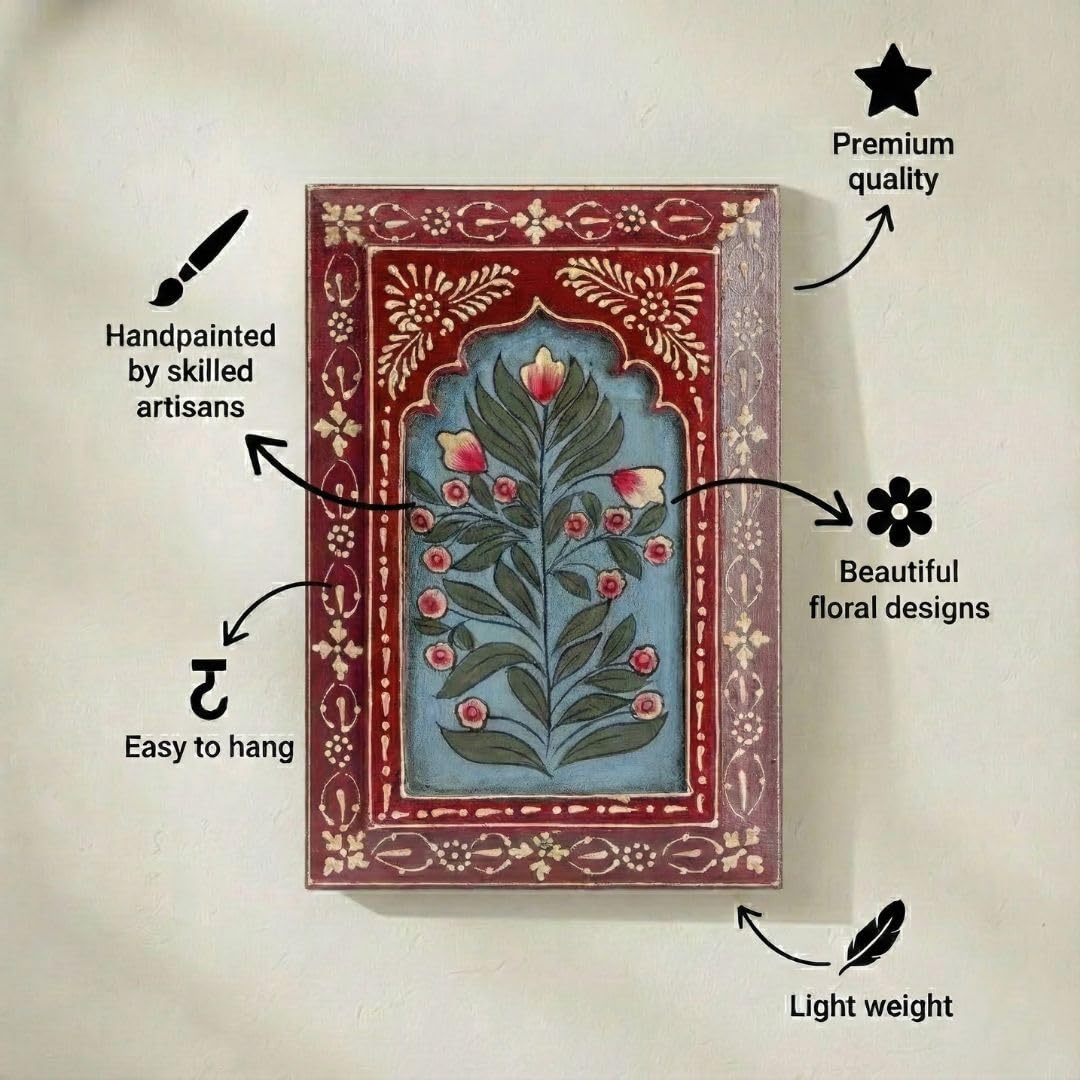 ATRANGI STUDIO Handpainted Wooden Wall Frame | Rajasthani Traditional Craft | Decorative Floral Wall Hanging Art for Living room, Bedroom, Office | 12×8 Inch, Red