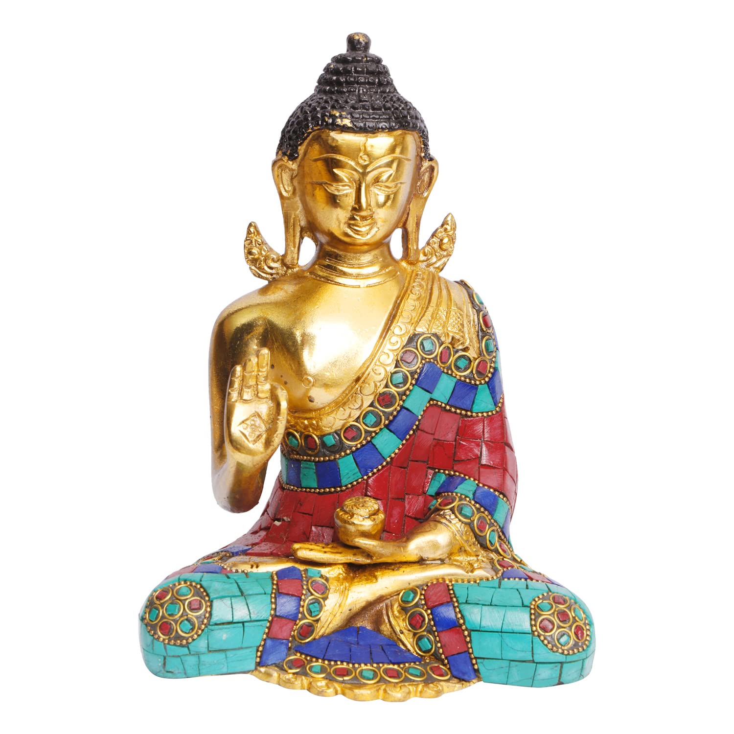 ARTVARKO Buddha Statue Blessing Brass with Multicolor Stone Handwork Home Decor Entrance Office Table Living Room Meditation Luck Gift Feng Shui 8 Inch