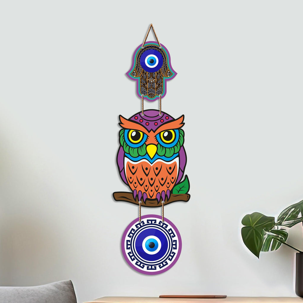 Artvibes Decorative Owl Evil Eye Wall Hanging for Home Entrance | Nazar Battu MDF Wall Decor for Positive Energy | Lucky Owl Vastu Wall Art for Living Room | Bedroom | Hallway | Gift Item (WH_8523N)