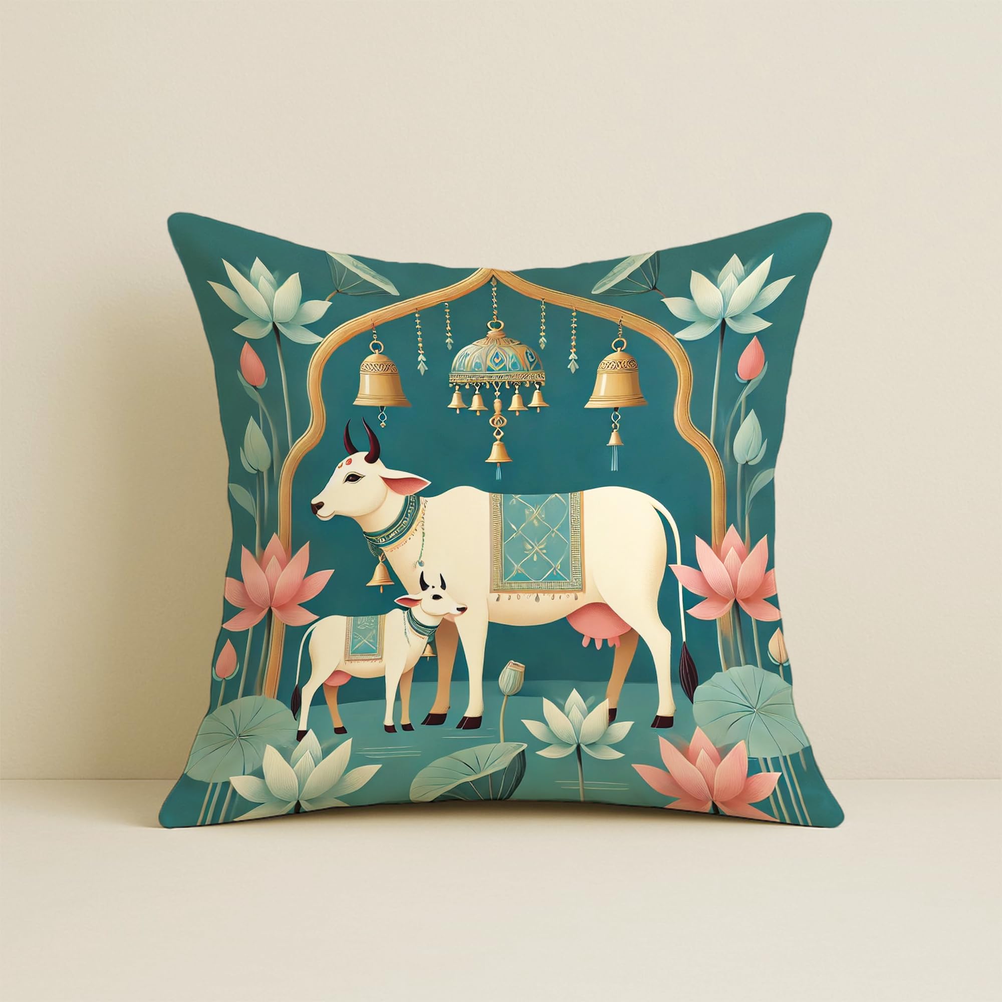 STITCHNEST Satin Cushion Covers Green Ethnic Print with Cow, Lotus & Bell Art, 16x16 Inch (Pack of 2)