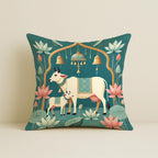 STITCHNEST Satin Cushion Covers Green Ethnic Print with Cow, Lotus & Bell Art, 24x24 Inch (Pack of 2)