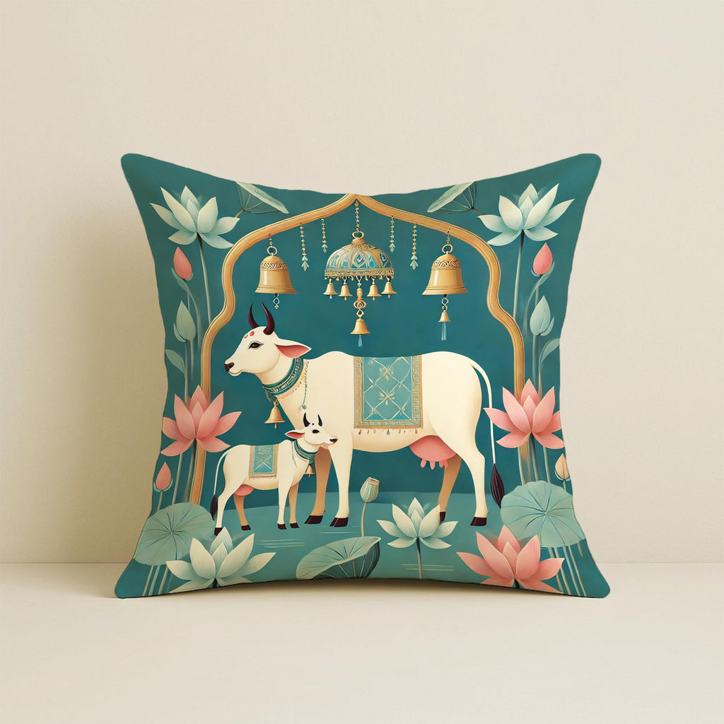 STITCHNEST Satin Cushion Covers Green Ethnic Print with Cow, Lotus & Bell Art, 16x16 Inch (Pack of 5)