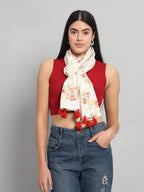 Ravaiyaa - Attitude is everything Women Off White & Peach Hand Block Rose Printed Cotton Tasseled Scarf 71 X 21 Inch