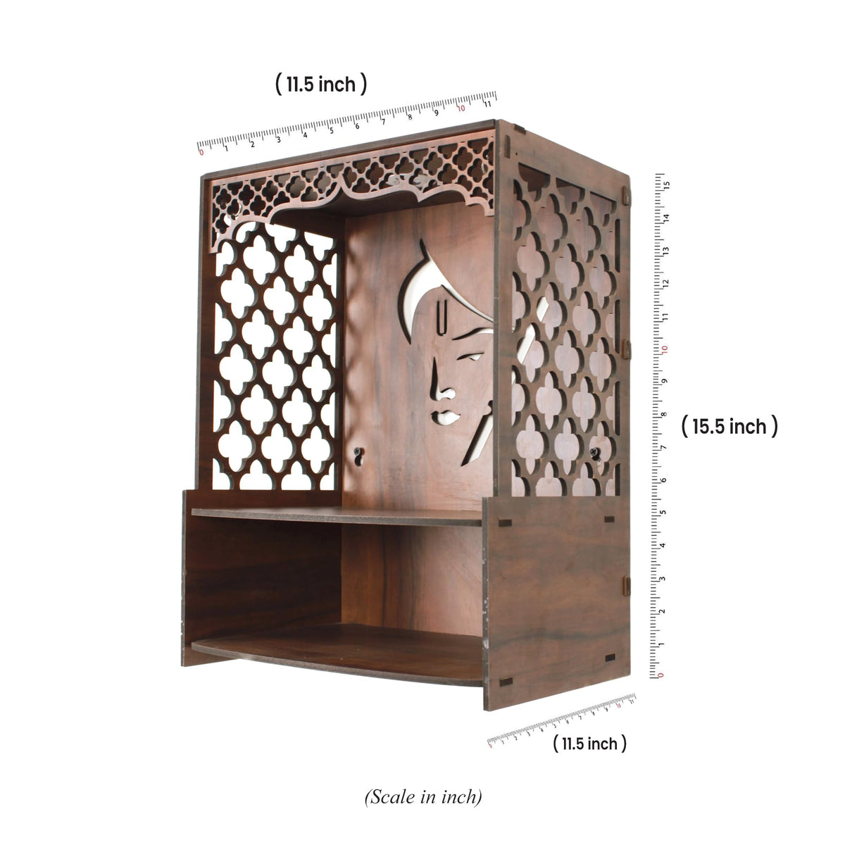 Wooden Wall-Mounted Pooja Mandir with LED Light, Decorative Curtains and Tassels, Brown Colour for Home & Office (H 15.5xW12xD8 Inches) (Krishna)