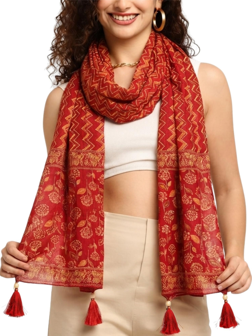 GALE GIRLS Cotton Scarf For Women Stylish|Beach Tassel Printed Scarf|Multicolor|Easily fits 180 * 50cm|70x20 Inch