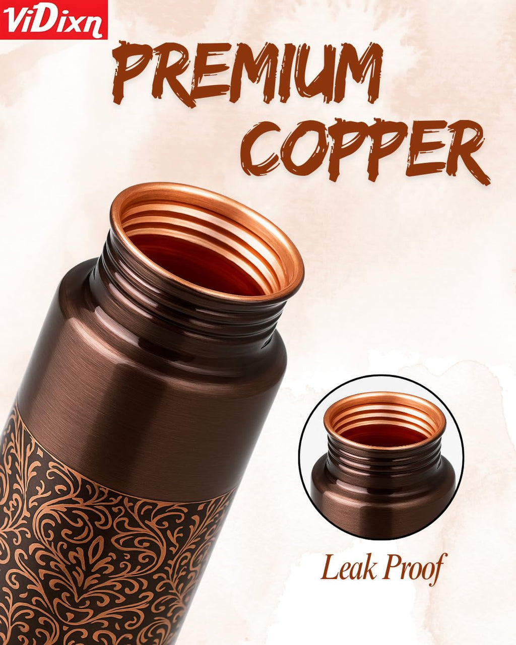 viDixn 100% Pure Copper Water Bottle 950ml – Ayurvedic Leak-Proof Copper Bottle for Drinking Water – Handcrafted Mandala Design – BPA-Free & Eco-Friendly – Improves Immunity & Digestion (Cofy_Tower)