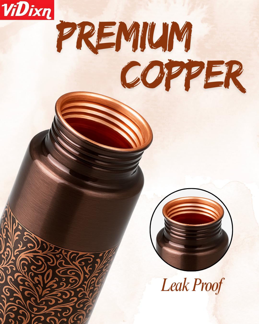 viDixn 100% Pure Copper Water Bottle 950ml – Ayurvedic Leak-Proof Copper Bottle for Drinking Water – Handcrafted Mandala Design – BPA-Free & Eco-Friendly – Improves Immunity & Digestion (Cofy_Tower)
