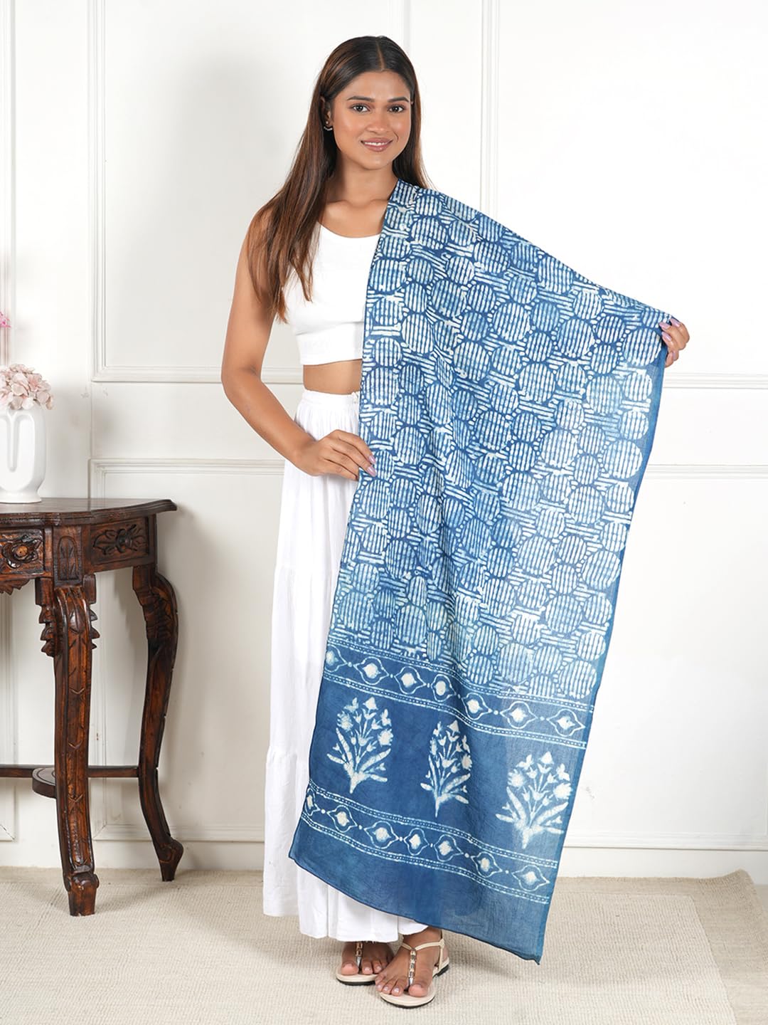 Gutthi Women's Cotton Stoles | Scarf Lightweight & Comfortable for All Seasons, Size (100X180 CM) (Blue)