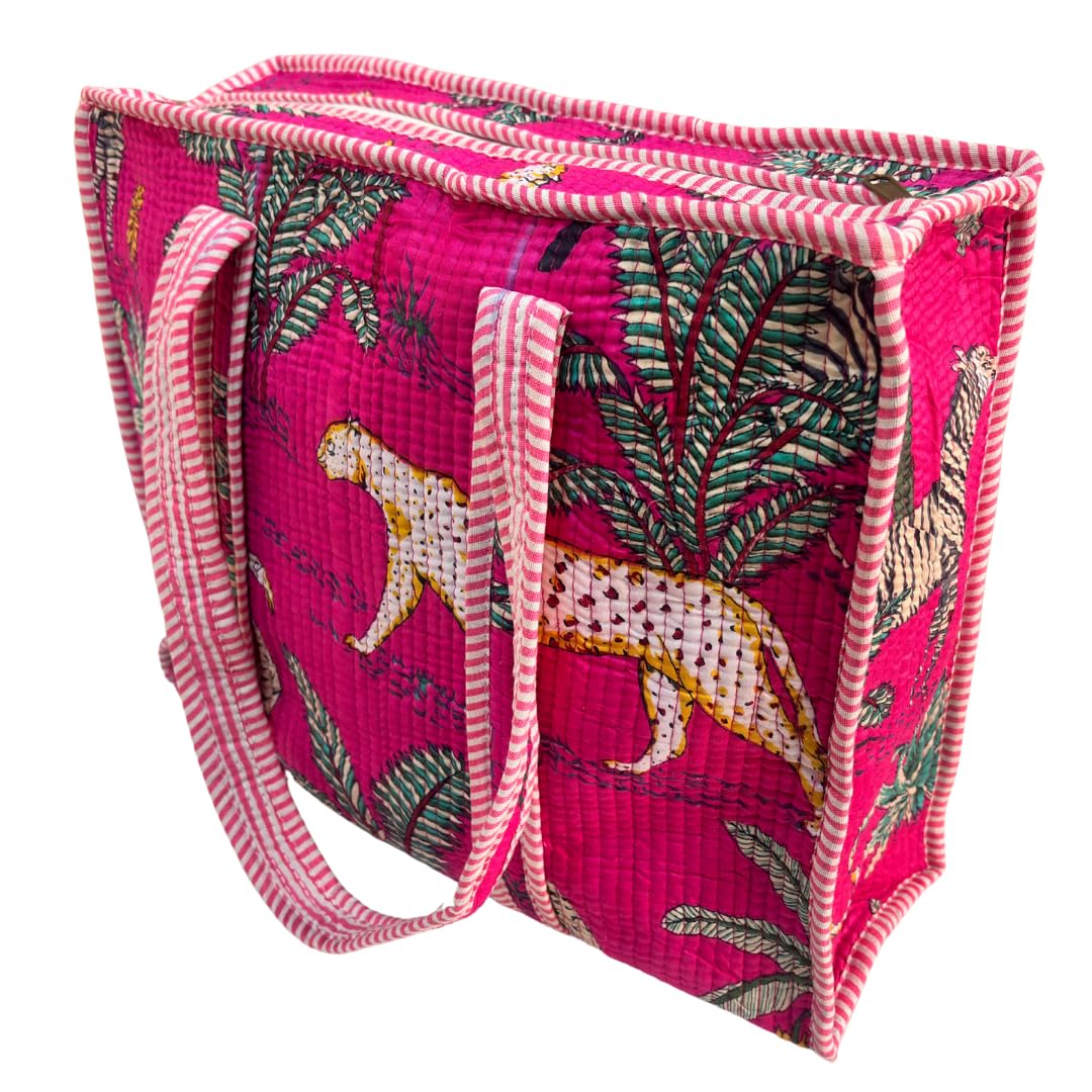 The House of RajPadmini Floral Quilted Cotton Shopping Tote Bag, 16x16 inches, Striped Trim, External Bottle Pocket (Animal Print Pink)