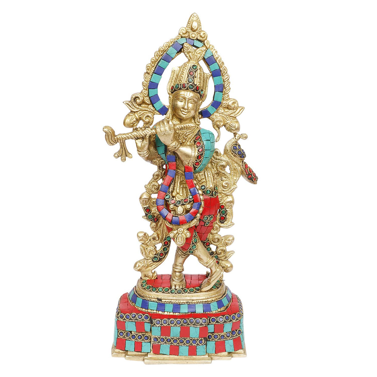 ARTVARKO Brass Lord Krishna Playing Flute Idol Murti Statue for Home Temple Décor Entrance Gallery Gift 13 Inch