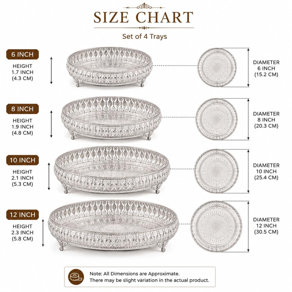 SGR Handicrafts Decorative German Silver Tray Set | Handcrafted Designer Gifting & Serving Trays | Premium Metal Display for Home Decor, Festivals & Special Occasions (Set of 4 (6+8+10+12 Inch))