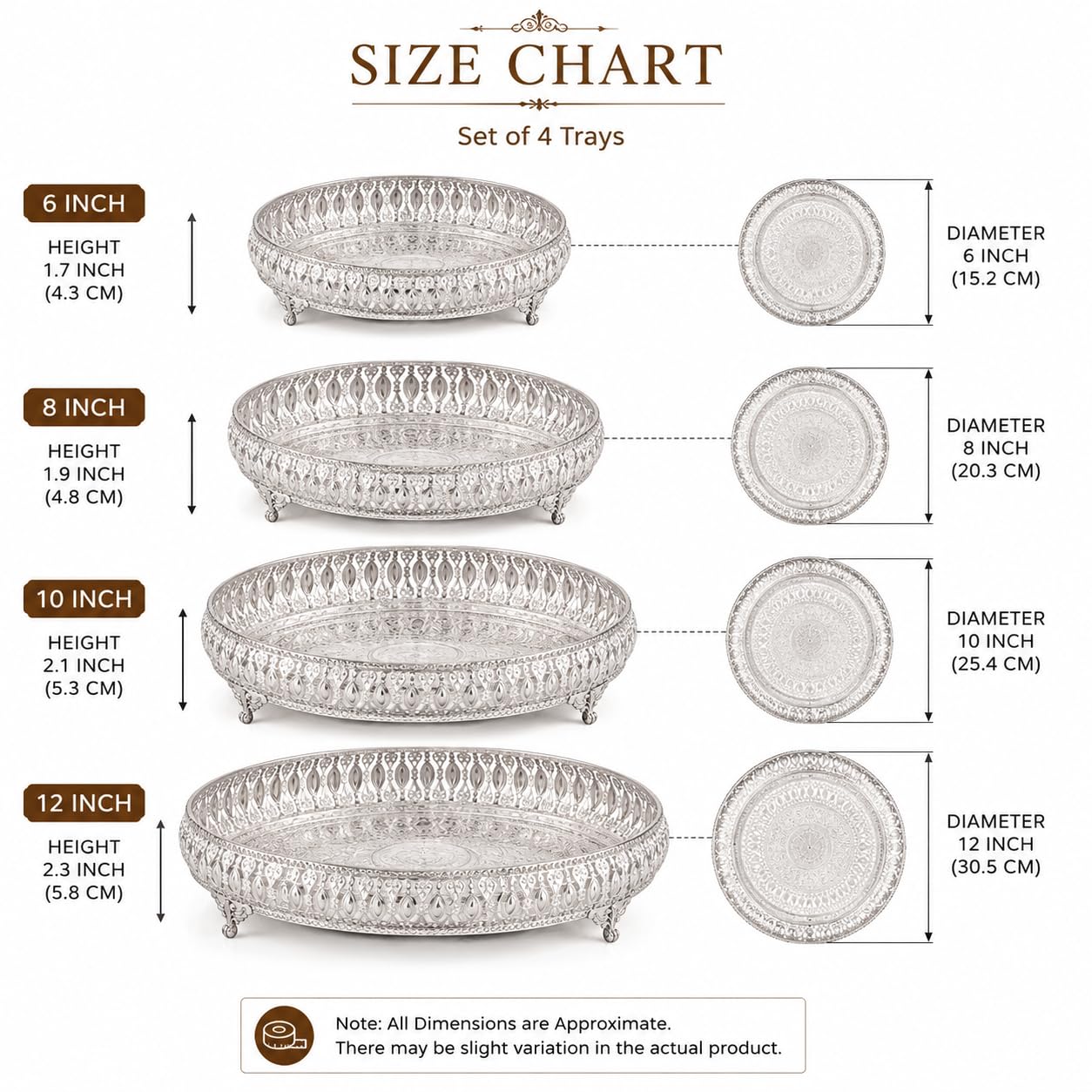 SGR Handicrafts Decorative German Silver Tray Set | Handcrafted Designer Gifting & Serving Trays | Premium Metal Display for Home Decor, Festivals & Special Occasions (Set of 4 (6+8+10+12 Inch))
