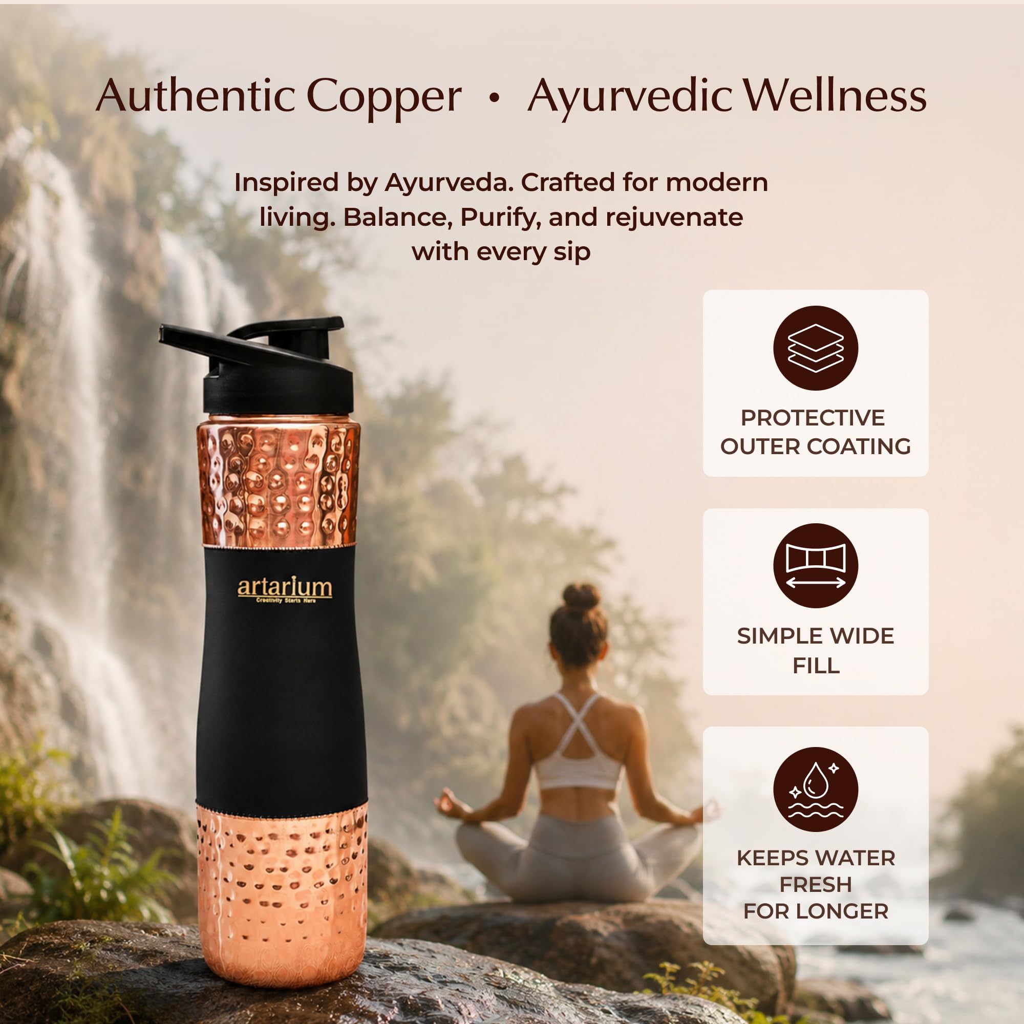 Artarium Sipper Bottle 100% Pure Lightweight Copper Water Bottle Leak Proof Protection Durable & Rust Proof Hammered Copper Bottle With Added Health Benefits (Sipper Water Bottle Black 1 Litre)