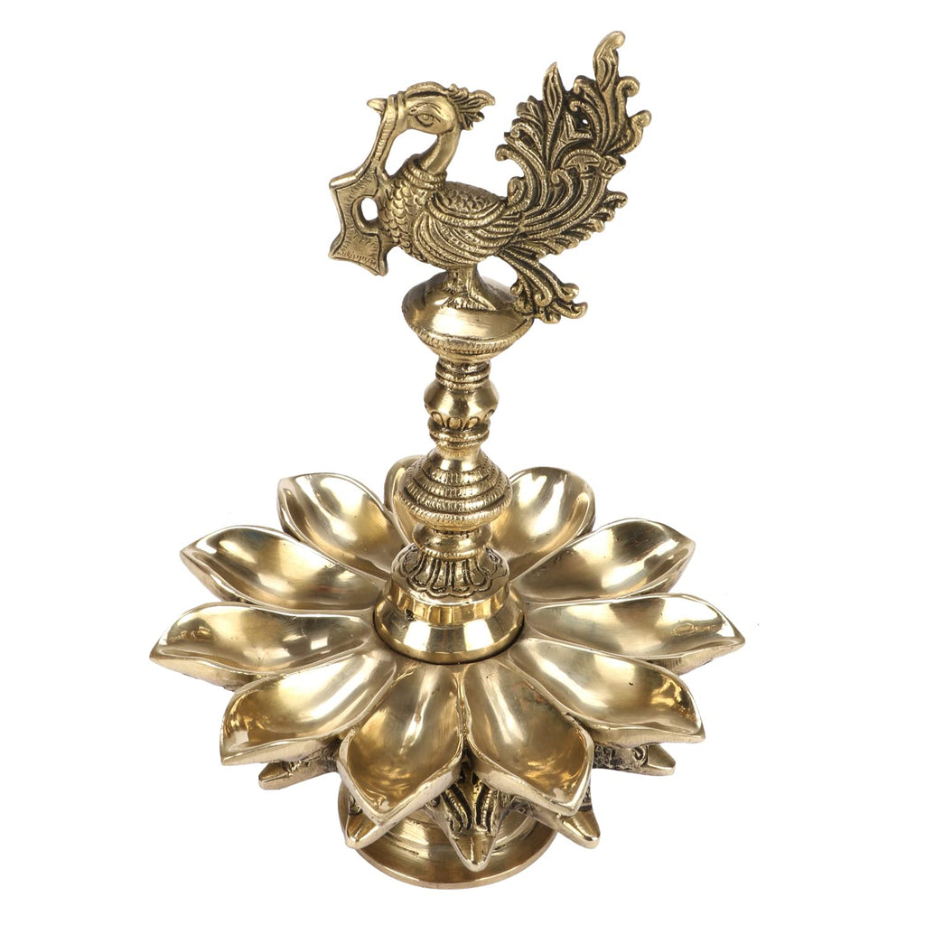 Artvarko 1 Feet Large Brass Peacock Design Multi Oil Wick Diya Lamp Pooja Articles Home Decor Item Showpieces House Warming Wedding Decoration Diwali Pital Dipak Deepam