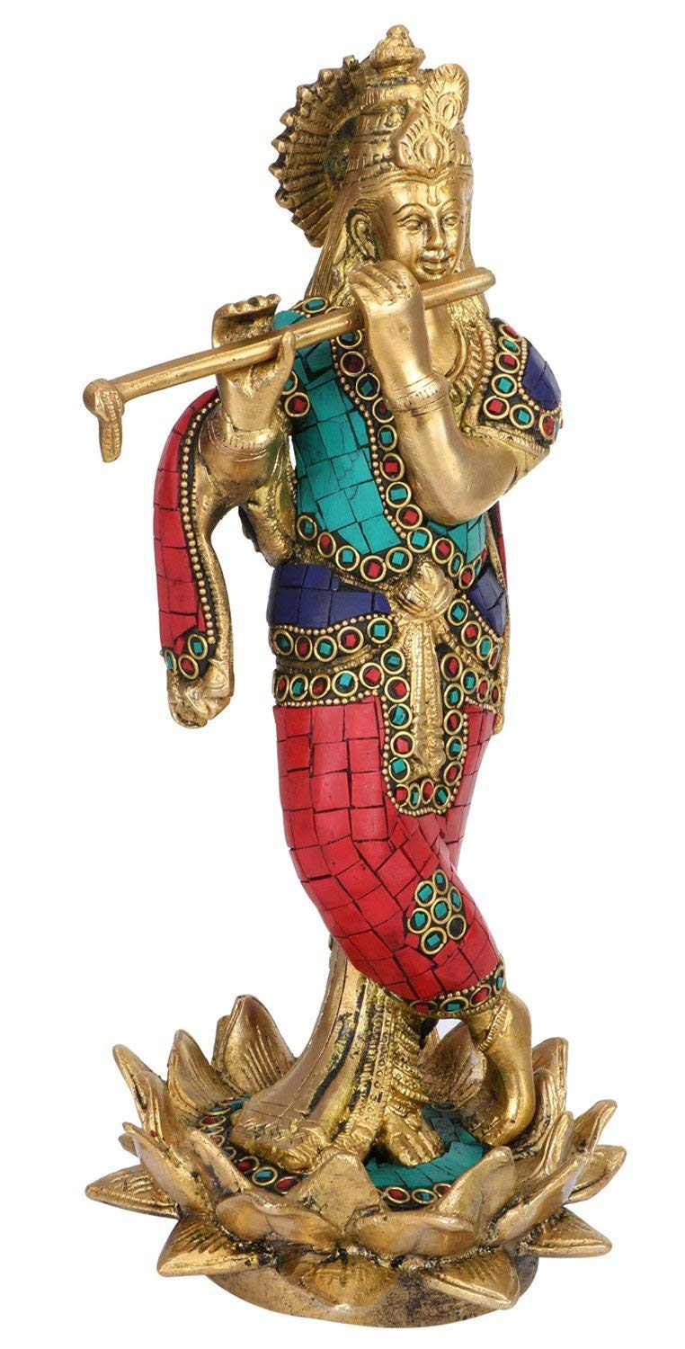 ARTVARKO Brass Murti Lord Krishna Bhagwan Statue Playing Flute on Lotus Home Decor Pooja Mandir Temple Gift Height 11 Inch