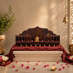 The Divine Tales Traditional Balcony Style Wooden Mandir Wall Mounted Pooja Mandir for Home Wooden Temple with Om Design Golden Bells Railing Prayer Shelf for Home Office Housewarming Gift 8 Inch