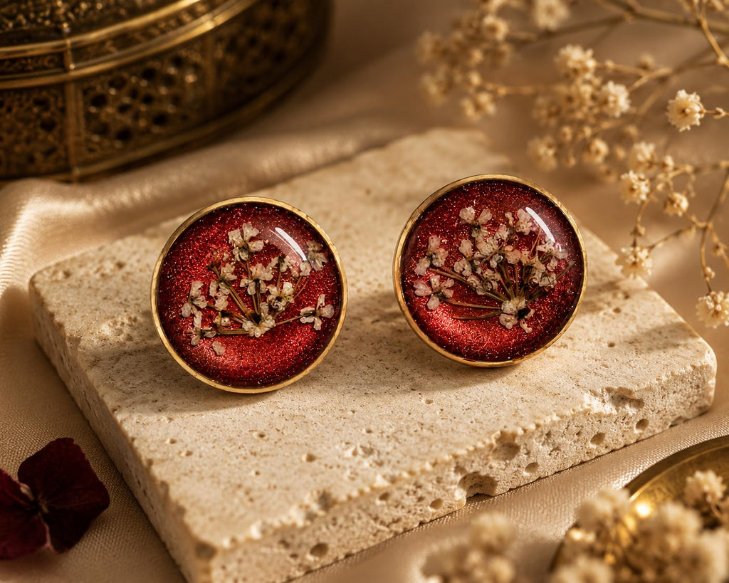 Handmade Botanical Real Dried Flower Resin Stud Earrings for Women