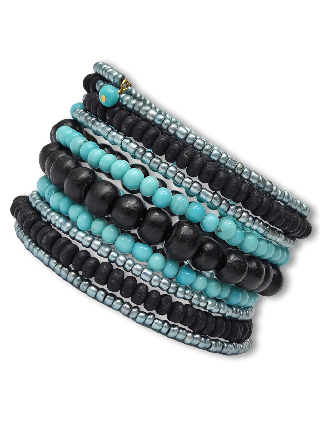 DCA Handmade Turquoise and Black Coil Bracelet, Glass and Wood Beads, Women's Multilayer Wrap Style