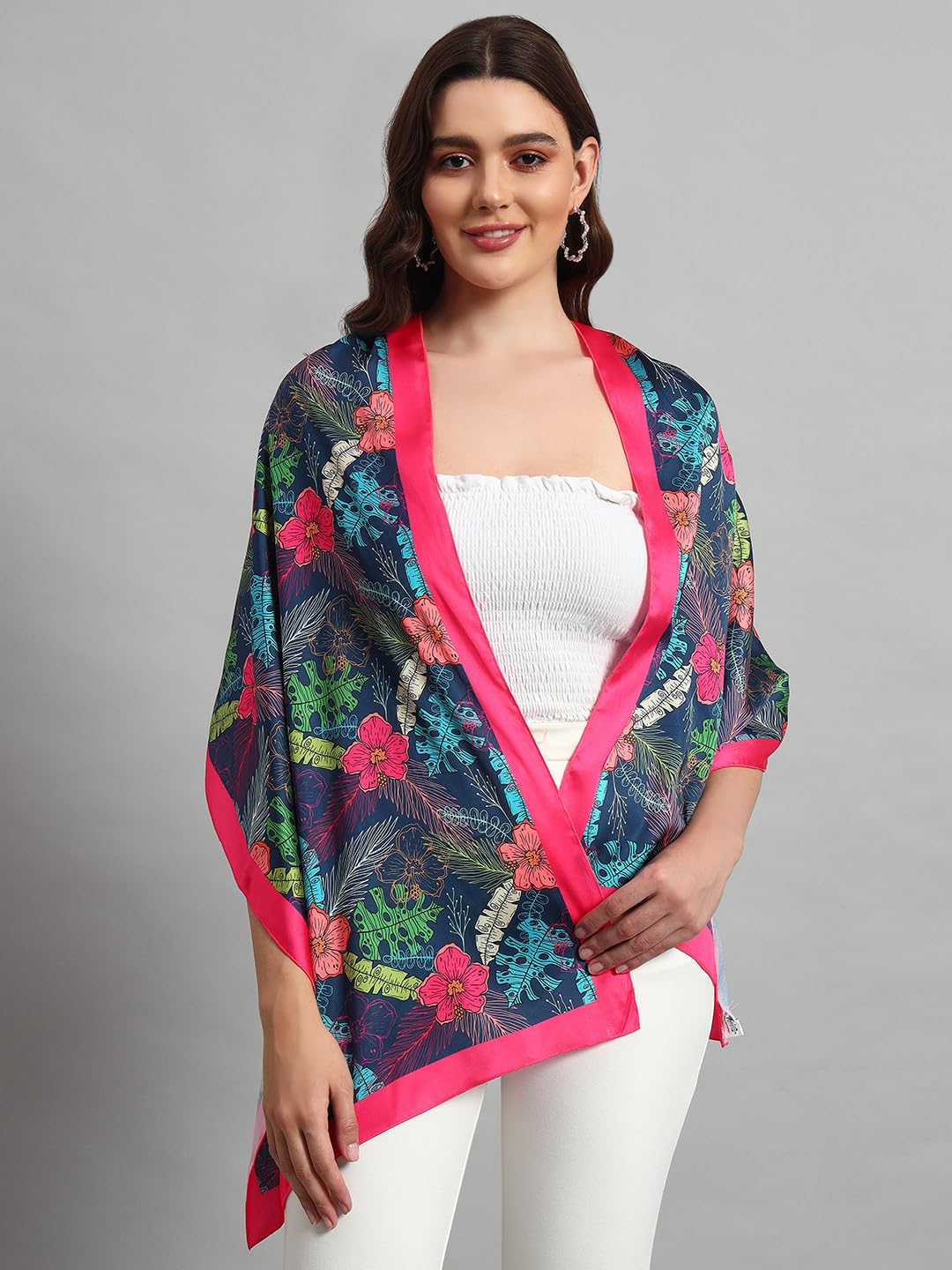 Ravaiyaa - Attitude is everything Women Lightweight Printed 100% Satin Silk Scarf Stoles Breathable Neckerchief Head Beach Wrap Scarves (Blue Pink Floral, 70 x 20 Inch)